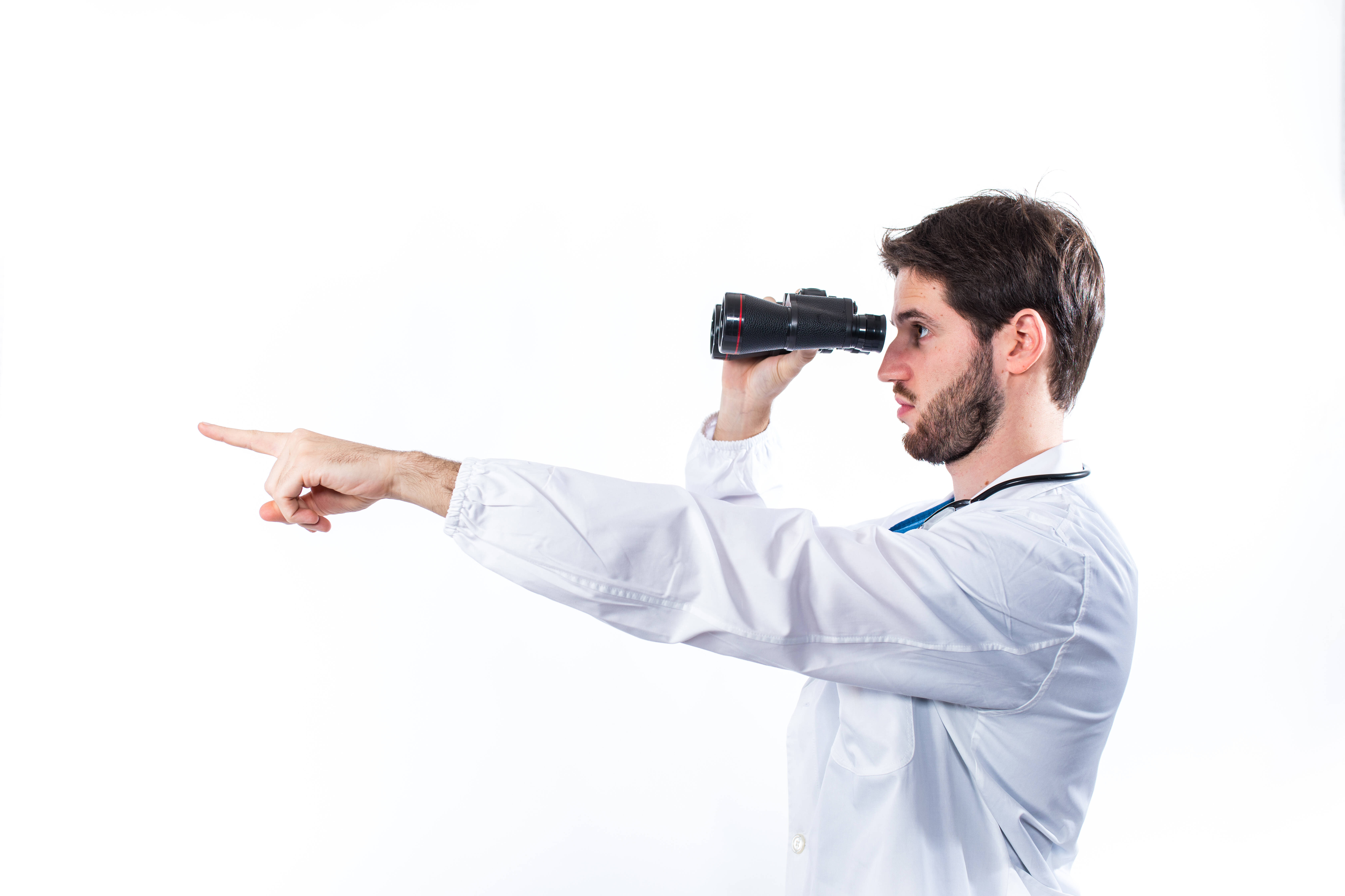 A medical doctor with binoculars will help you show your audience which way you’re looking to the future