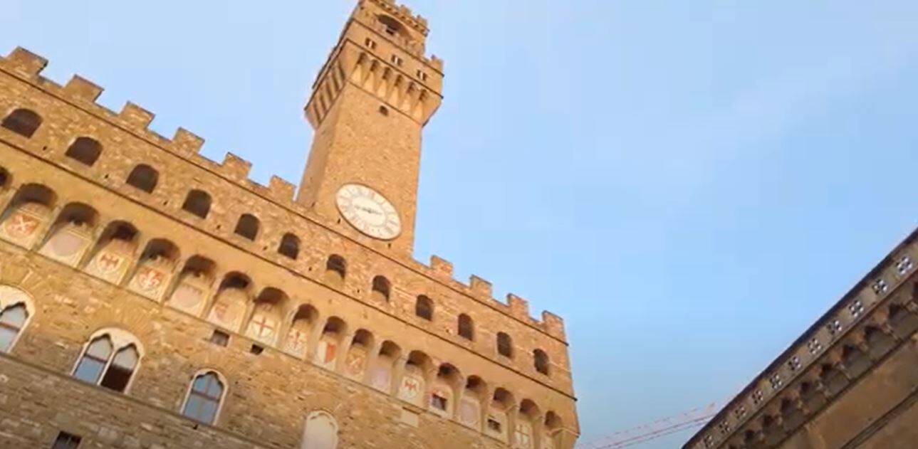 Clock tower with coat of arms stock video
