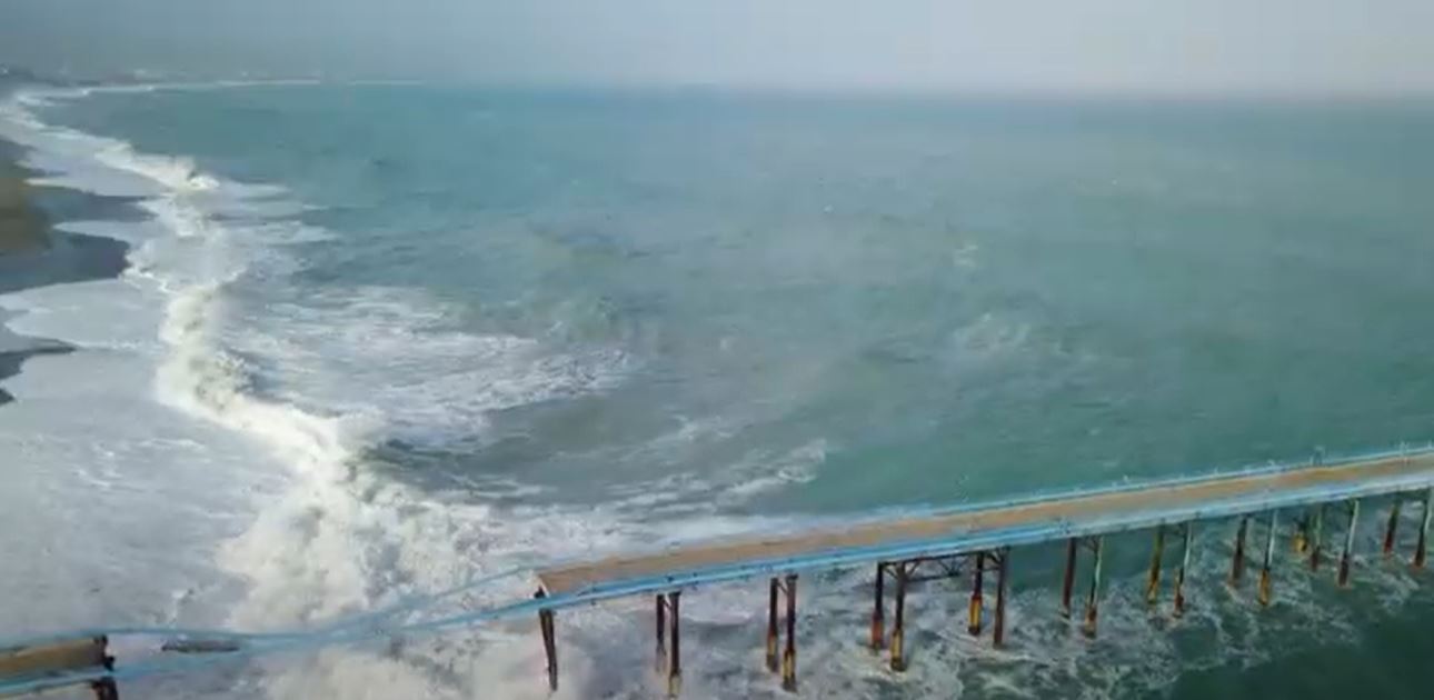 Stormy ocean damaged a pier stock video